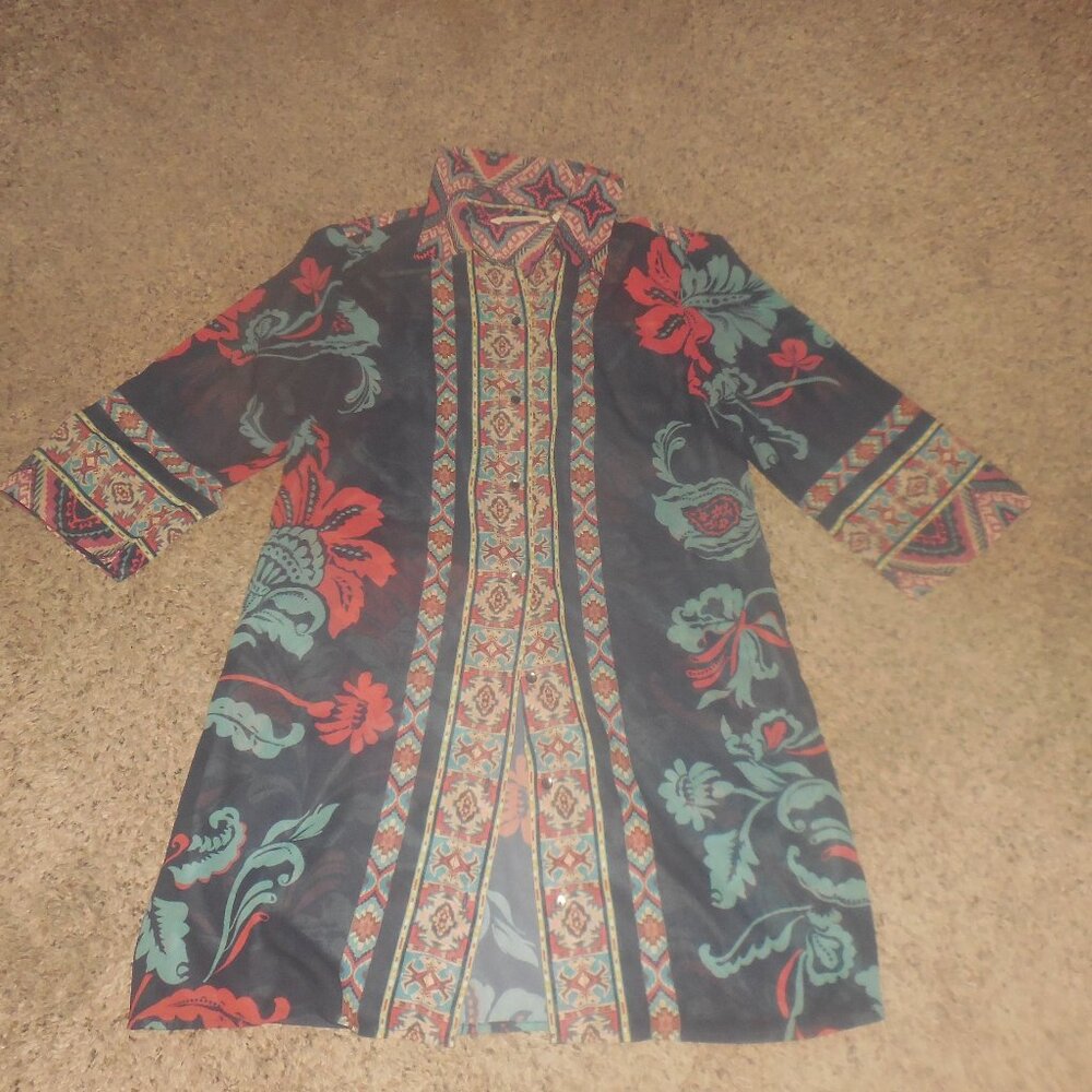 Soft Surroundings Tunic Blouse Navy Red Floral S